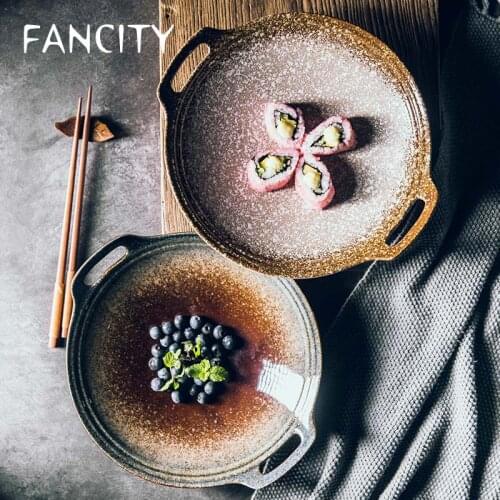 FANCITY Large size disc with double ears Large size ceramic plate color glaze high-end porcelain plate household vegetable dish
