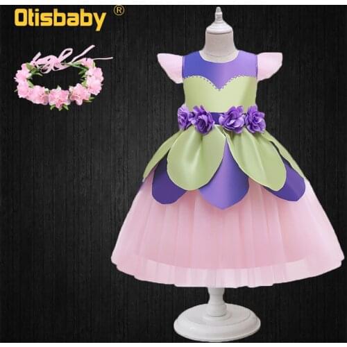2-10 Year Halloween Fancy Lace Flowers Fairy Dress for Girls Child Birthday Party Cartoon Princess Leaves Tulle Dress + Headwear