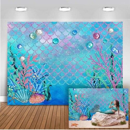 Under The Sea Blue Photography Backdrop Ocean Mermaid Theme Girl Birthday Party Decoration Pearls Starfish Shell Baby Shower