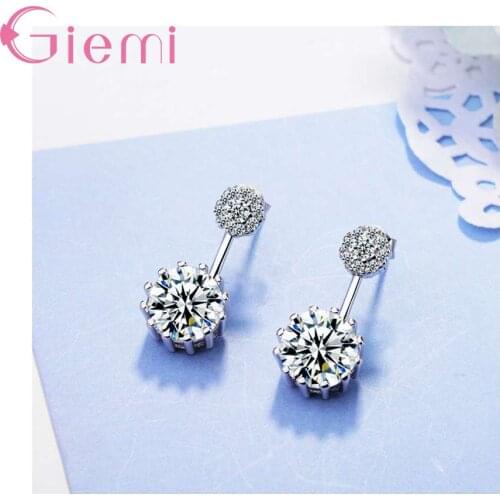 Creative Female Shiny Cubic Zirconia Stud Earrings Trendy Double Round Shape Solid 925 Sterling Silver Brincos Jewelry Hot