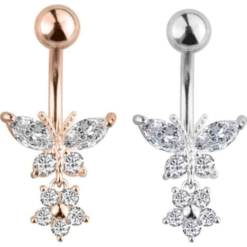 Creative Butterfly Body Jewelry 5A Zircon Shining Dangled Navel Piercing Golden Silvery Women Earring Piercing Surgical Steel