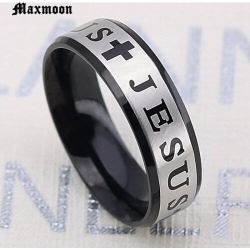Maxmoon Classic Jewelry Stainless Steel Letter Bible Rings Black Silver Color Rose Gold Band Jesus Cross Ring for Men Women