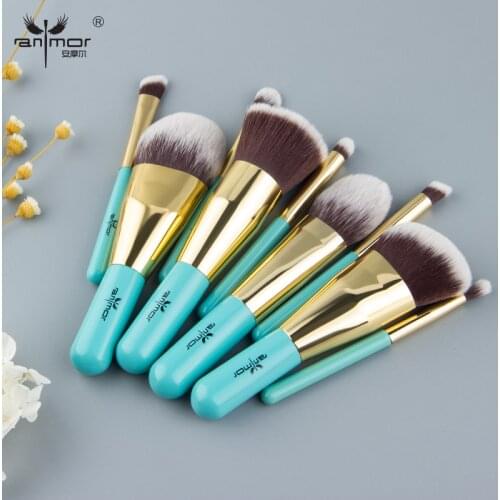 Anmor 9PCS Make Up Brushes Travel Friendly Brand Brushes Set Professional Makeup Brushes Blue & Gold Color Fashion Kabuki Brush
