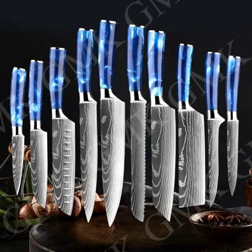 Kitchen knives Set Exquisite blue resin handle Laser Damascus pattern Chef knife Santoku Cleaver Slicing Knives Cooking Tools
