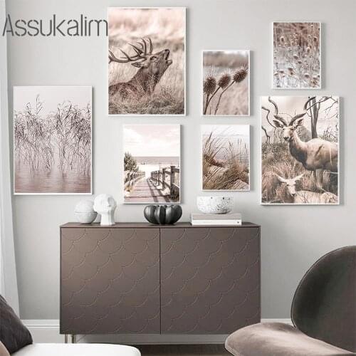 Wild Deer Poster Dead Grass Hay Print Bridge Wall Posters Landscape Canvas Painting Nordic Wall Pictures For Living Room Decor