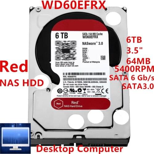 New HDD For WD Brand Red 6TB 3.5" SATA 6 Gb/s 64MB 5400RPM For Internal Hard Disk For NAS Hard Drive For WD60EFRX