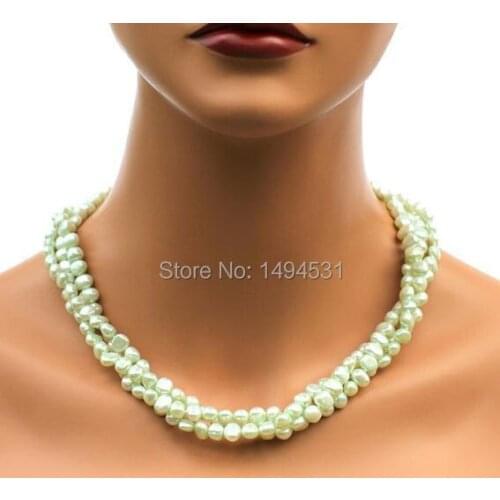 Wholesale Pearl Jewelry - 3 Rows Mint Green Natural Freshwater Pearl Necklace Earrings- Handmade Jewelry Set - Free Shipping