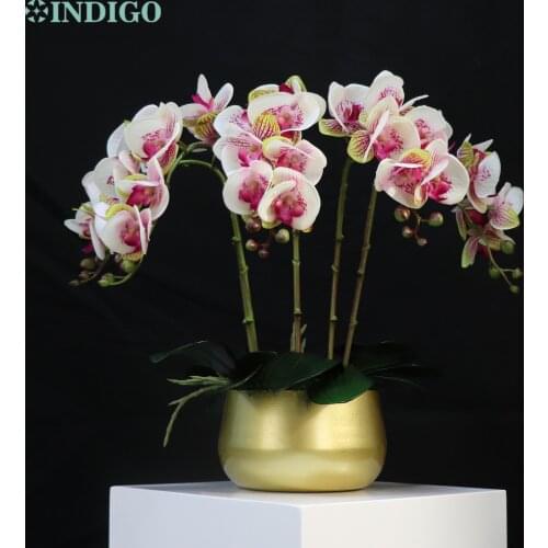 INDIGO- Spot Orchid DIY Flower Arrangment (5pcs Orchid+3pcs leaves+Metal Pot) Real Touch Flower Reception Decoration Centerpiece