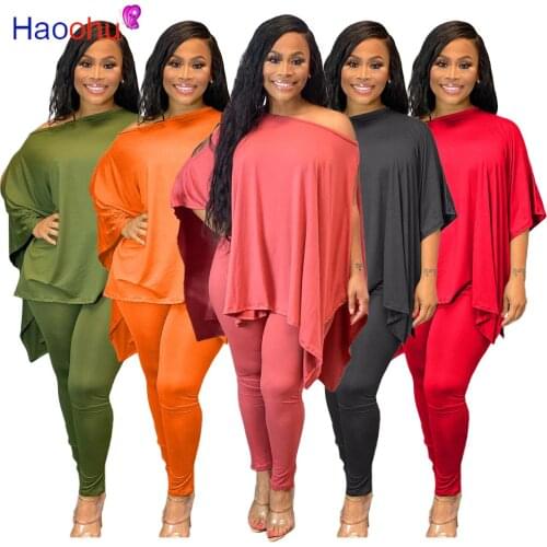HAOOHU Autumn Sexy Women 2 Piece Set Fashion Solid Off Shoulder Long Sleeve Loose Top + Skinny Pants Two Piece Set Tracksuit
