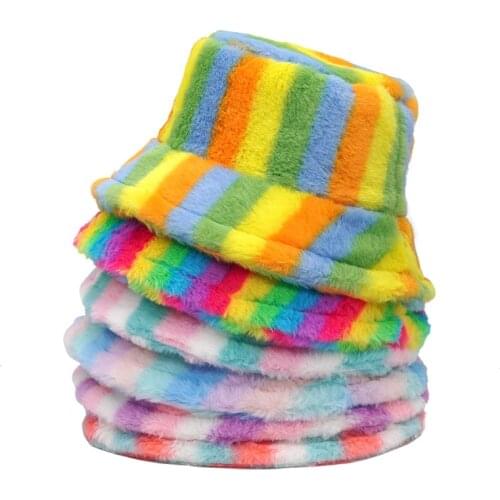Autumn Winter Faux Fur Rainbow Striped Womens Bucket Hats Thick Warm Lady Fluffy Panama Hats Outdoor Velvet Fisherman Hats