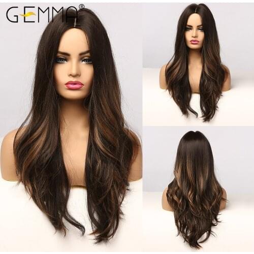 GEMMA Ombre Dark Brown Golden Highlight Wigs Natural Cosplay Long Wavy Middle Part Wig for Black Women High Temperature Fiber