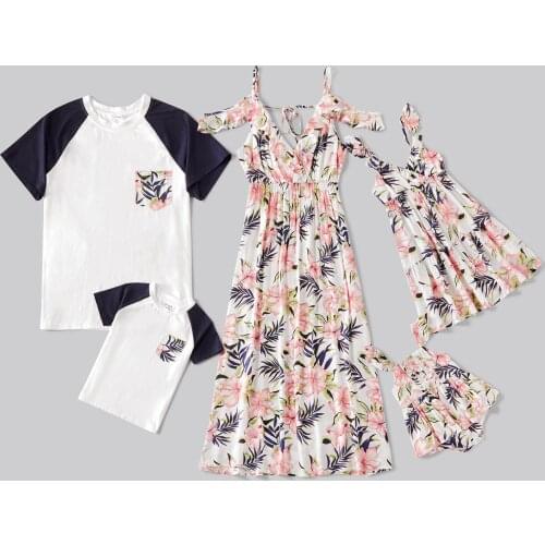 PatPat Mosaic Family Matching Floral V-neck Tank Dresses and Raglan Sleeves T-shirts