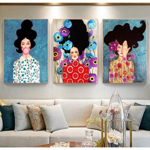 Nordic Girl Hair Flower Bird Wall Art Canvas Painting Abstract Figure Character Colorful Poster and Print Wall Picture Decor