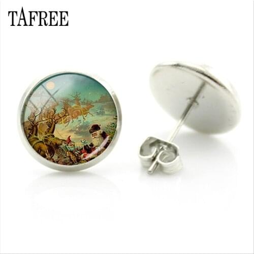TAFREE Lovely Small Deer Christmas Santa Claus Stud Earrings For Women Girl Sliver Color Metal Glass Dome Earrings Jewelry CM100
