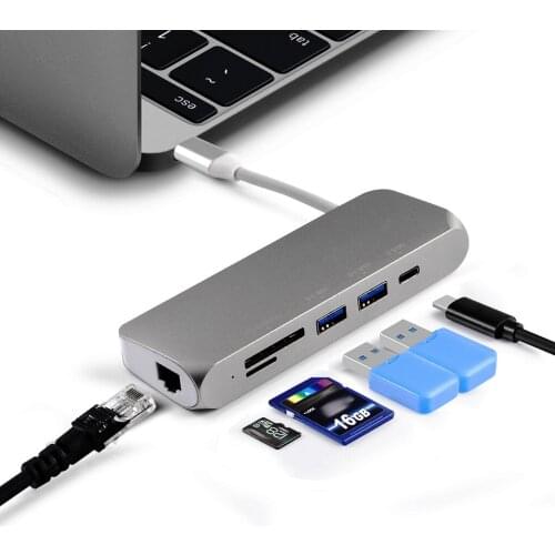 7 In 1 USB C 3.0 Hub Multports Type-C To USB RJ45 SD/TF Card Reader PD Video HD Adapter Portable Type C Hub For Macbook Pro