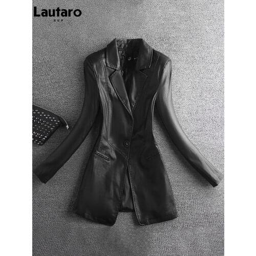 Lautaro Spring Elegant Black Light Soft Faux Leather Blazer Long Sleeve Slim Fit Plus Size Women Blazers and Jackets 5xl 6xl