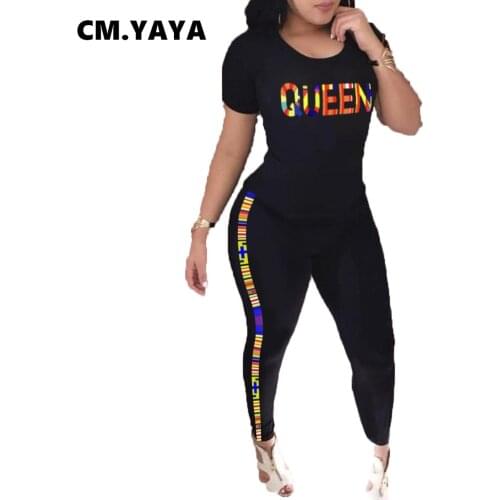CM.YAYA Summer Active Tracksuit Letter Print Women Sets Short Sleeve Tops Elastic Long Pencil Pants Two Piece Set Outfit Summer