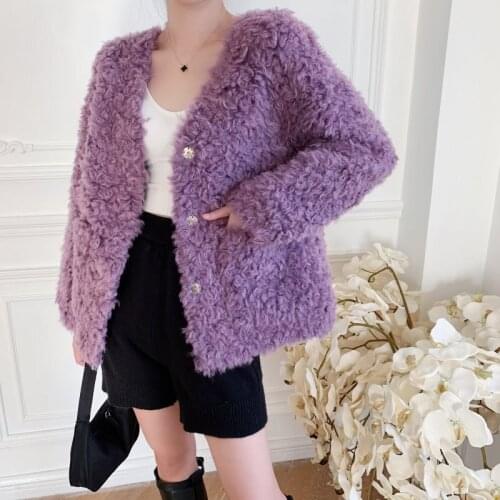 Faux Fur Coat Women 2020 Winter Sheep Curl Short Cropped Top Ruched Pink Gray Purple Pocket V-Neck Clothes Female Outerwear