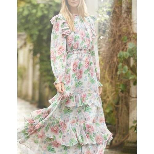 2021 Designer Fashion Long Dress Women Flowers Printed Cascading Ruffle Cake Elastil Waist Holiday Party Dresses