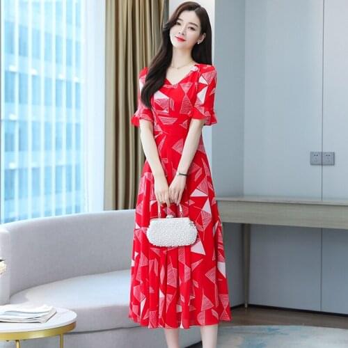 2021summer The New Temperament printing Chiffon Dress V Neck Womens fashion red Dress