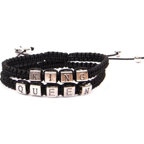 2 pcs New Products Hot Sales Couples Bracelets Hand-woven Silver Colour Lettered KING Queen Hand Woven Bracelet