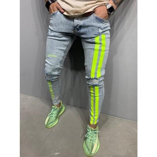Men Skinny Denim Biker Side Striped Jeans Destroyed Hole Hip Hop Slim Man Scratched Jogging Jeans New Style Ripped Pencil Pants