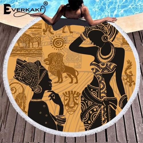 Everkaki Egyptian Pharaohs Print Beach Towel Tassels Microfiber Water Absorbing Hydrophilic Boho Round Beach Floor Mat Towels