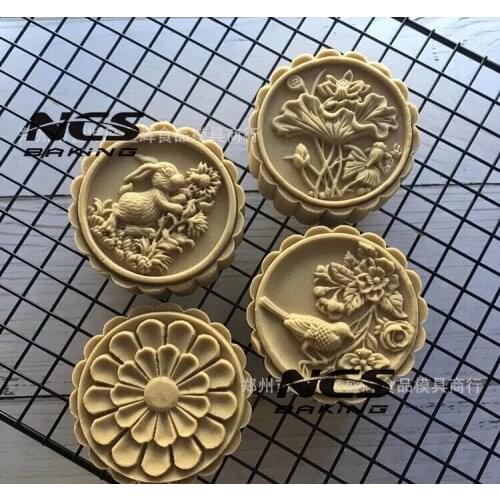 125g round shape rabbit flower bird design Mooncake mung bean cake Molds mould with 4 Stamps plastic hand pressure , 50sets/lot