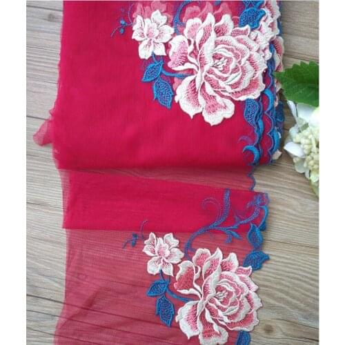 Hot Export Quality 2 Yards Red Exquisite Embroidered Floral Tulle Lace Trim 18cm Width