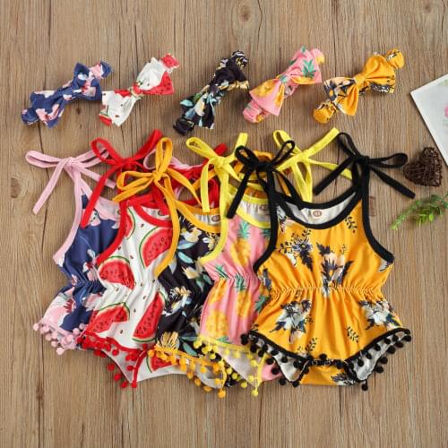 2Pcs Breathable Baby Girls Outfit Toddlers Summer Creative Fruit Floral Printing Plush Ball Suspender Romper + Bow Headwear