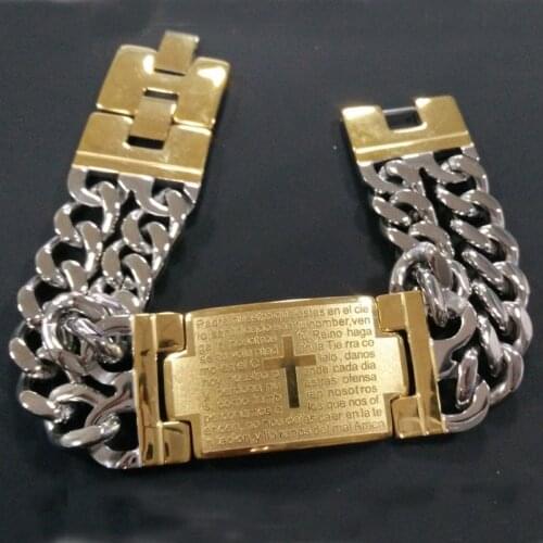 Cool Mens Stainless Steel Double Curb Cuban Link Chain Bracelet Bangle Cuff Jewelry Fashion Bible Cross ID