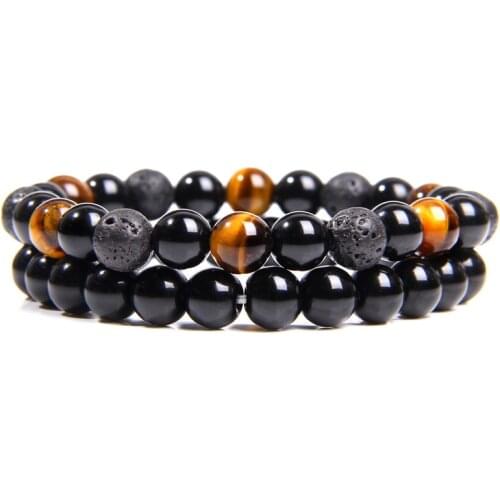 Trendy 2pcs/Set Fashion Men Bracelet Sets Tiger Eye Lava Black Onxy Natural Stone Strand Beads Bracelet For Men Jewelry Pulsera