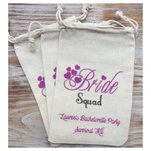 Custom 15pcs Bride Squad wedding Party first aid Hangover Kit jewelry favor muslin Bags Bachelorette hen bridal shower favors