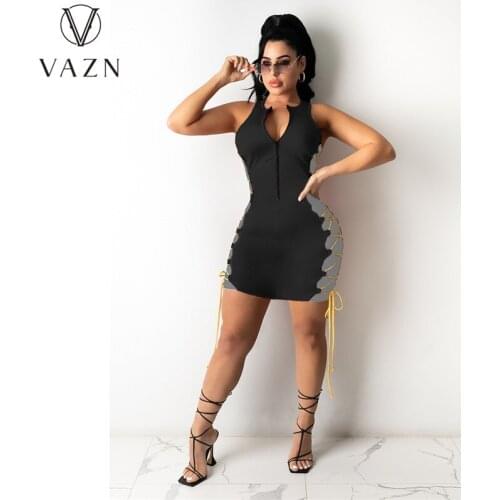 VAZN New 2021 Sunshine Solid Chic Sleeveless V-neck Ladies Slim Elegant Female Dress Women Female Dress Sexy Beach Dress