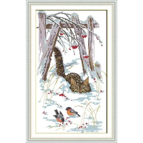 Joy Sunday Kitten In The Snow Stitch Animal Series Cat Pattern Printed Cloth Chinese Embroidery Needlework Decoracions for Home