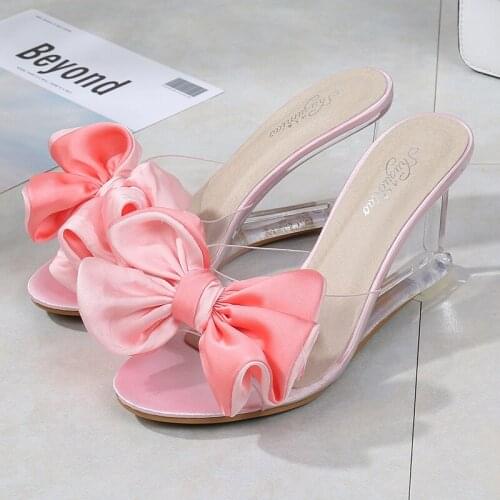 Womens High Heels Summer Wild Womens Sandals Simple Bow-knot Wedge Transparent Slippers Luxury Shoes Women Designers