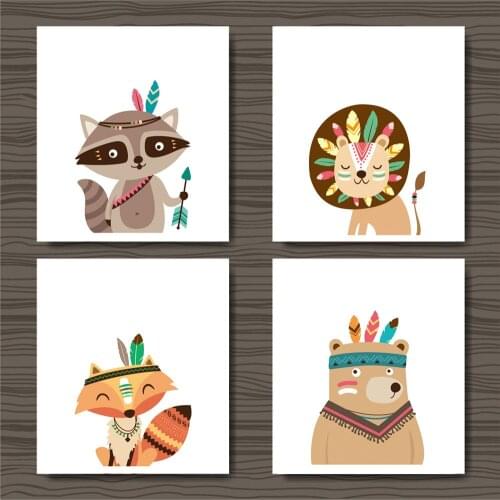 Nordic Minimalist Cute Indian Animals Horder Cartoon Animal Decorative Painting Bedroom Living Room Hanging Canvas Painting