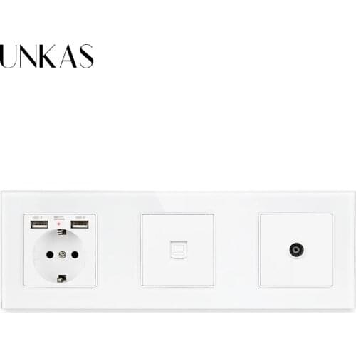 UNKAS EU Standard Dual USB Grey Socket + RJ45 Internet Computer Jack + TV Television Connector Port Crystal Glass Panel Outlet
