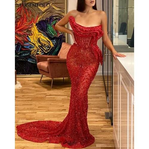 Lugentolo Party Dress Women Red Slim Sexy Sequin Dresses Strapless Bodycon Sleeveless Elegant Dinner Ladies Maxi Dress