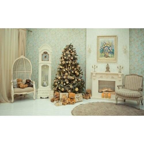 VinylBDS Indoor Photography Backdrops Christmas Tree White Wall Cute Bears For Children Background White Stove White Curtains
