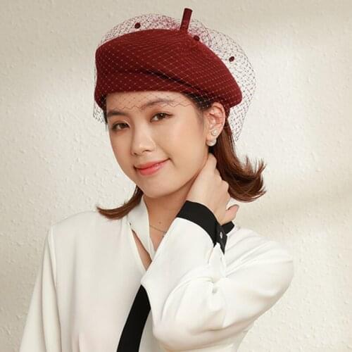 New Wool Fedoras Fascinator Winter Elegant Women Felt Pillbox Hat Ladies Black Red Beret Hats Mesh Veil Kentucky Derby Cap