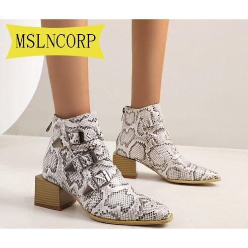 Plus Size 34-48 Women Buckle Strap Boots Female Autumn Winter PU Leather Cowboy Ankle Boots Pointed Toe Wedge Heel Woman Booties