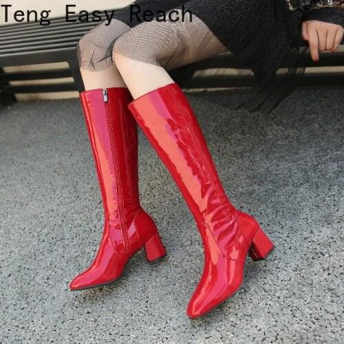 Fashion Womens Patent High Boots Black White Red High Knee Boots Women Square Heels Autumn Winter Womens Boots Big Size 34-45