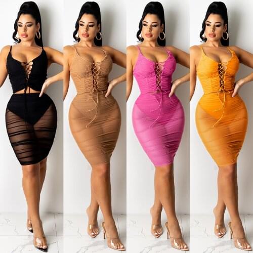 Summer Bandage Mesh 2 Two Piece Sets Women Outfits Sleeveless Crop Top See Through Pants Suits Casual Matching Sets 2021
