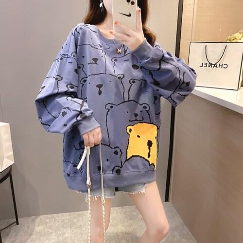 Plus Size Pullover Sweatshirts Women 2021 Spring Fall Loose Korean Cartoon Printed O-Neck Long Sleeve Ladies Hoodies Streetwear