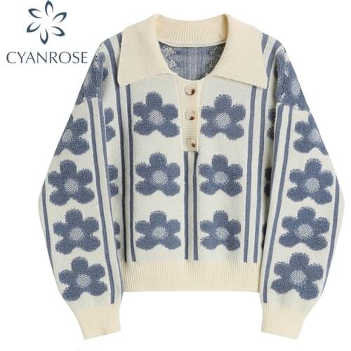 Korean Lady Vintage Sweet Sweater Autumn 2021 Lapel Three-Dimensional Flower Single-Breasted Long-Sleeve Knitted Pullover Female
