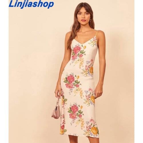 Women Dresses Summer 2021 Elegant Vintage Print Floral Dress Women Summer V Neck Spaghetti Strap Chiffon Midi Casual Woman Dress