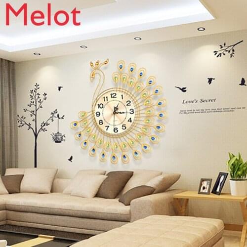 Large 3D Gold Diamond Peacock Wall Clock Metal Watch for Home Living Room Decoration DIY Clocks Crafts Ornaments Gift 53x53cm
