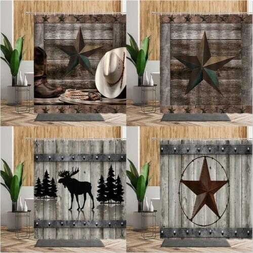 Wooden Stripes Shower Curtain Deer Five-Pointed Star Cowboy Hat Bathroom Decors Vintage Style Backdrop Fabric Bath Curtains Sets