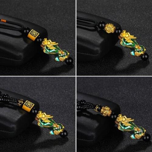 Feng Shui Lucky Wealth Beads Necklace Black Obsidian Change Color Pi Xiu Pendant